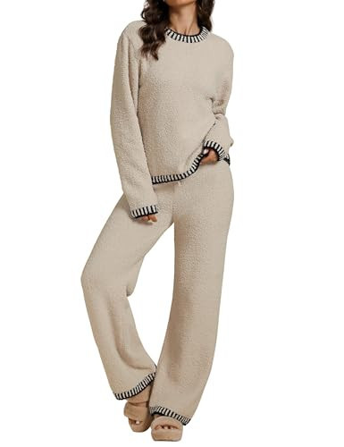luvamia Two Piece Lounge Sets for Women Fuzzy Long Sleeve Knitted Sweater Contrast Trim Casual Warm Pajama Matching Set Buttercream Size 4-6 | Amazon (US)
