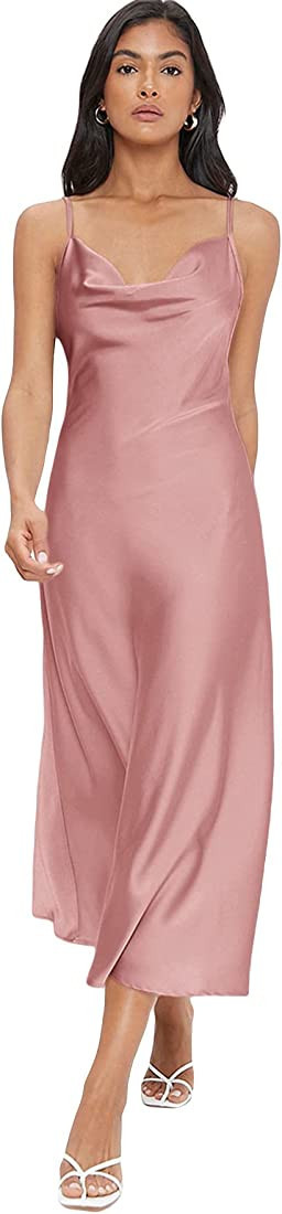 Floerns Women's Spaghetti Strap Cowl Neck Long Slip Satin Silk Midi Dress | Amazon (US)