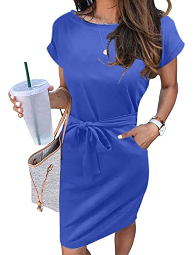 MEROKEETY Women's Summer Striped Short Sleeve T Shirt Dress Casual Tie Waist with Pockets, SolidRoyal, XL | Amazon (US)
