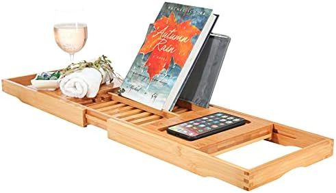 Bambüsi Premium Bamboo Bathtub Tray Caddy - Wood Bath Tray Expandable with Book, Wine Holder - I... | Amazon (US)