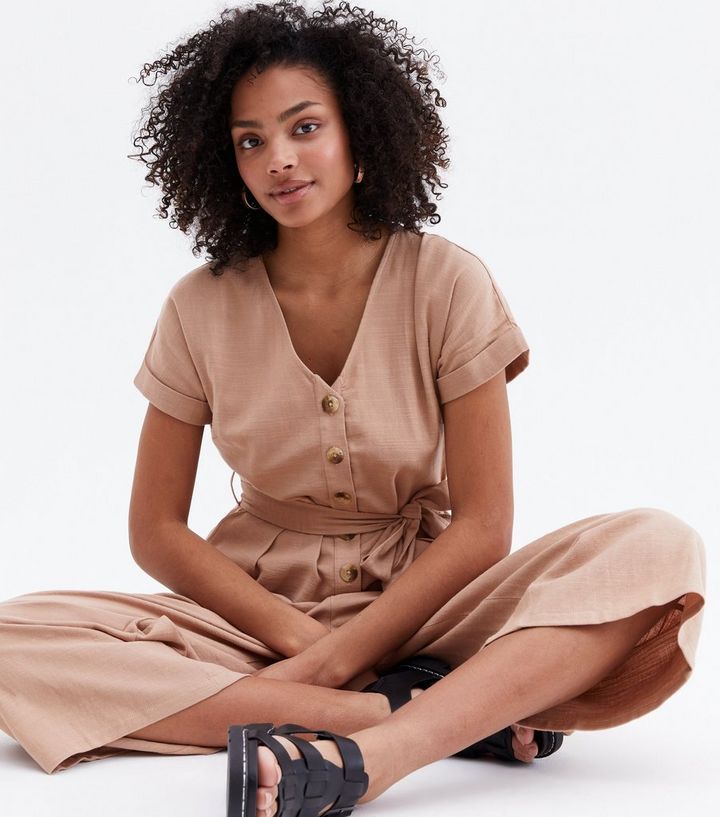 Stone Button Belted Wide Leg Crop Jumpsuit
						
						Add to Saved Items
						Remove from Save... | New Look (UK)