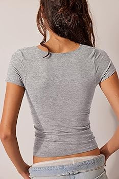 BAIGRAM Women Square Neck Crop Top Short Sleeve T Shirts Slim Fitted Going Out Tops Y2K Cute Summ... | Amazon (US)