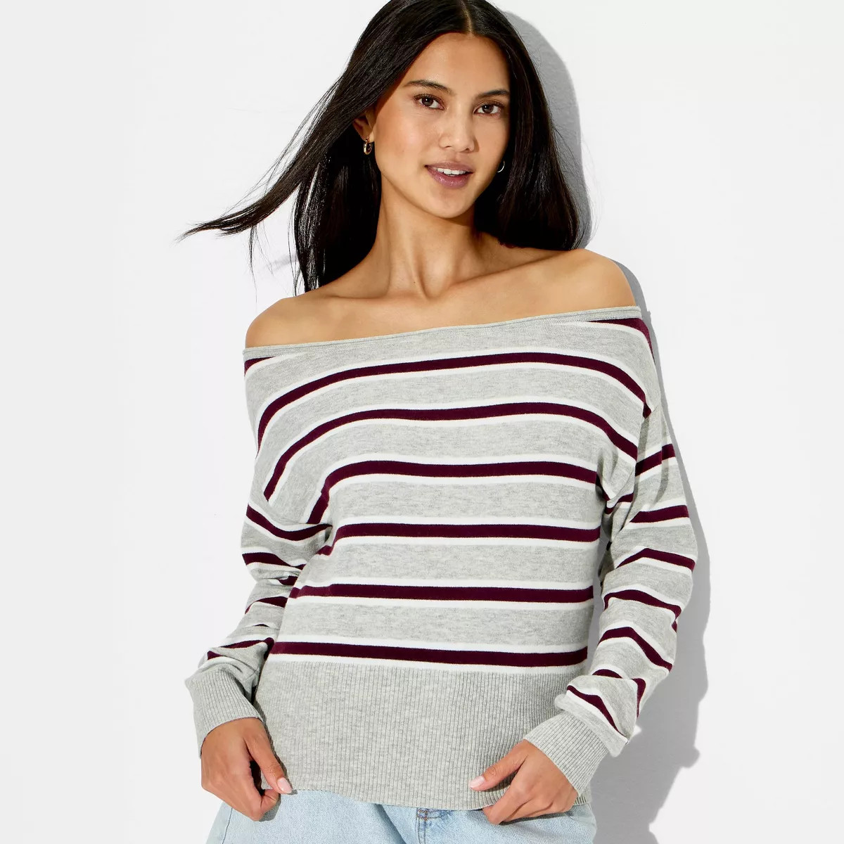Women's Off the Shoulder Banded Pullover Sweater - Wild Fable™ Gray Striped XS | Target