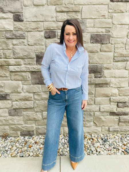 Classic spring styles with light wash denim trousers and a classic pinstripe button down 

#LTKsalealert #LTKover40 #LTKmidsize