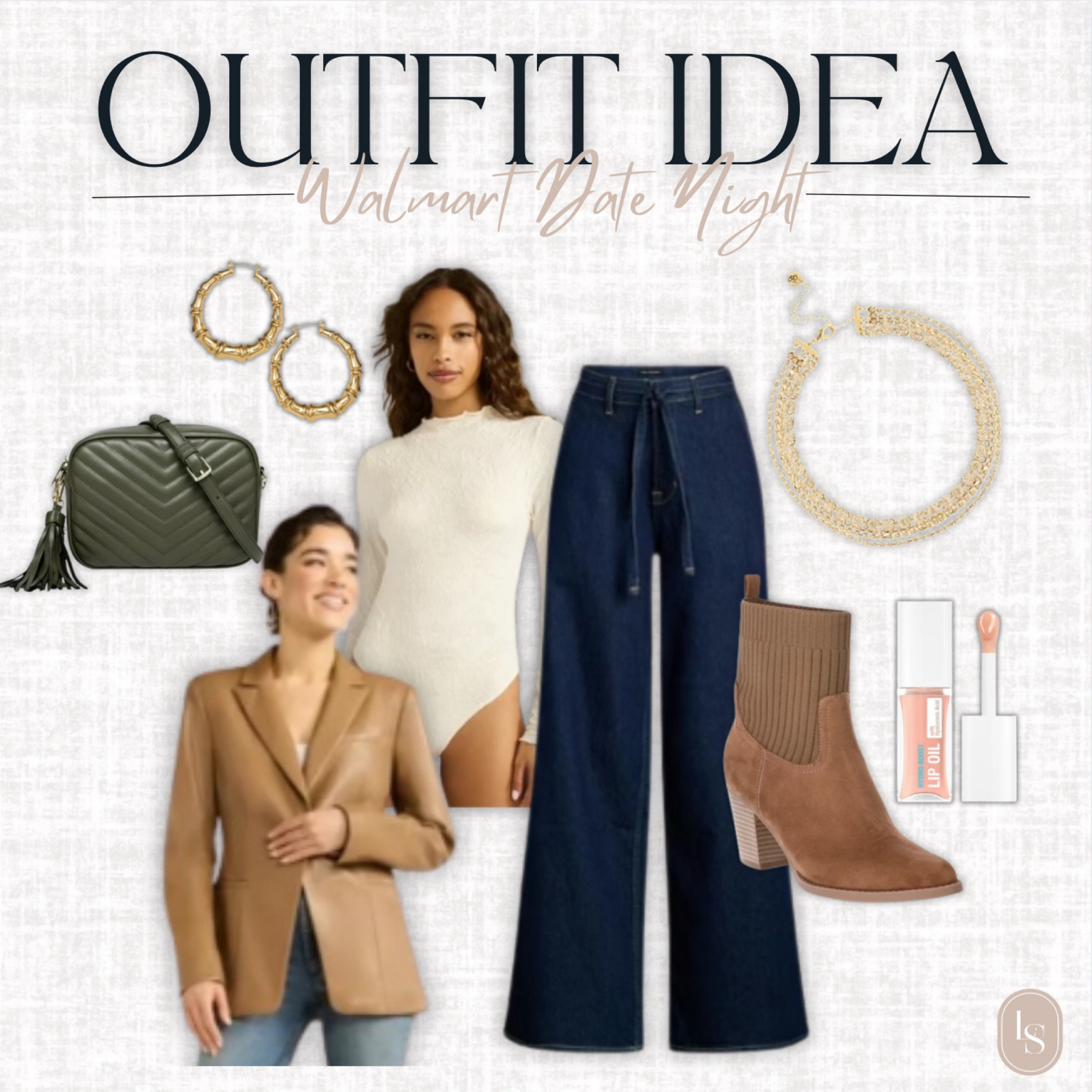 Walmart date night outfit idea. Textured bodysuit with these high waisted detailed flare jeans with this faux leather blazer, heeled boots, crossbody handbag and accessorized with cute hoop earrings and layered necklace and the perfect neutral lip gloss! #LTKWalmart #datenight

#LTKFindsUnder50 #LTKWorkwear #LTKStyleTip
