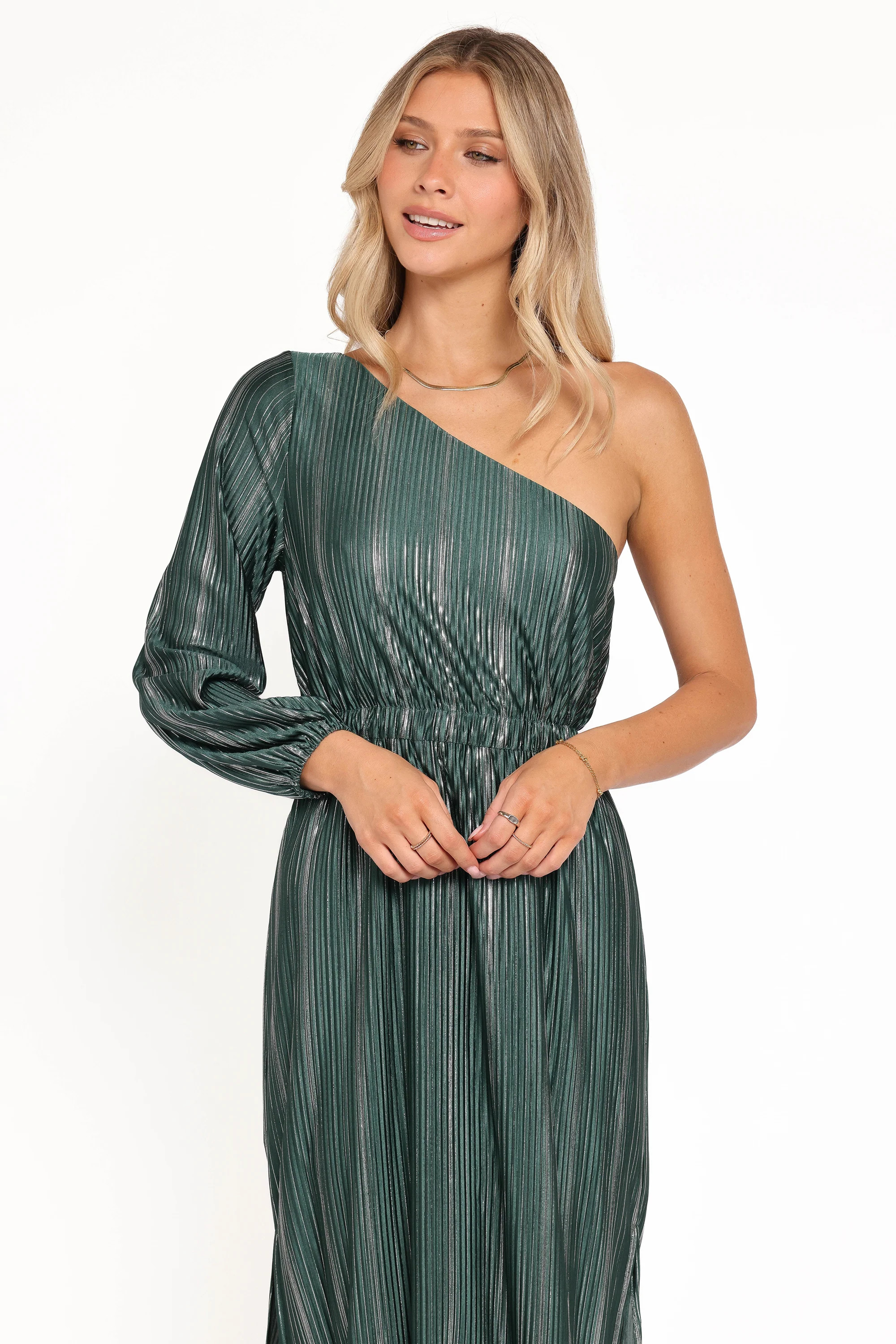 Pontee One Shoulder Pleated Midi Dress - Green | Petal & Pup (US)