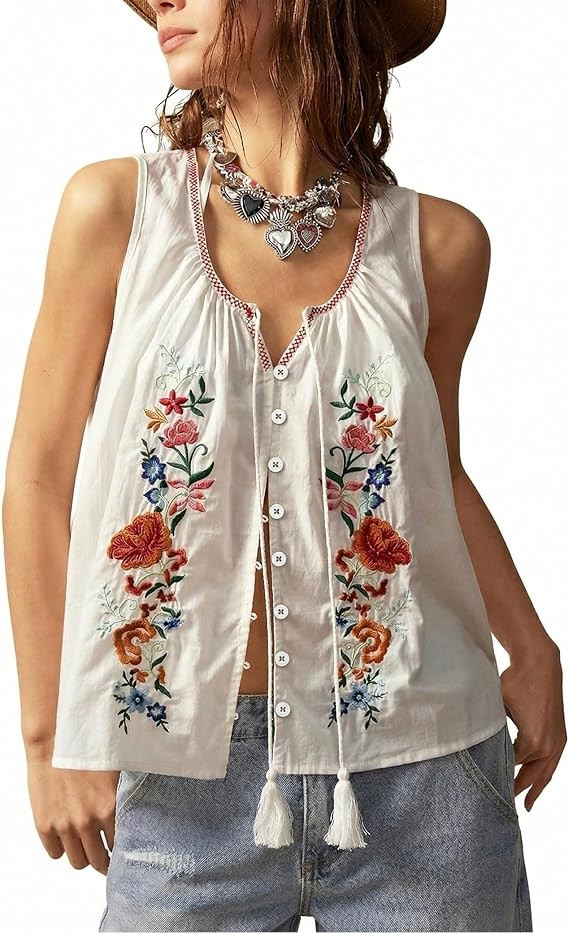 Womens Summer Boho Floral Embroidered Tops 2026 Tie Front Blouse Flowy Vest Top Button Down Sleev... | Amazon (US)