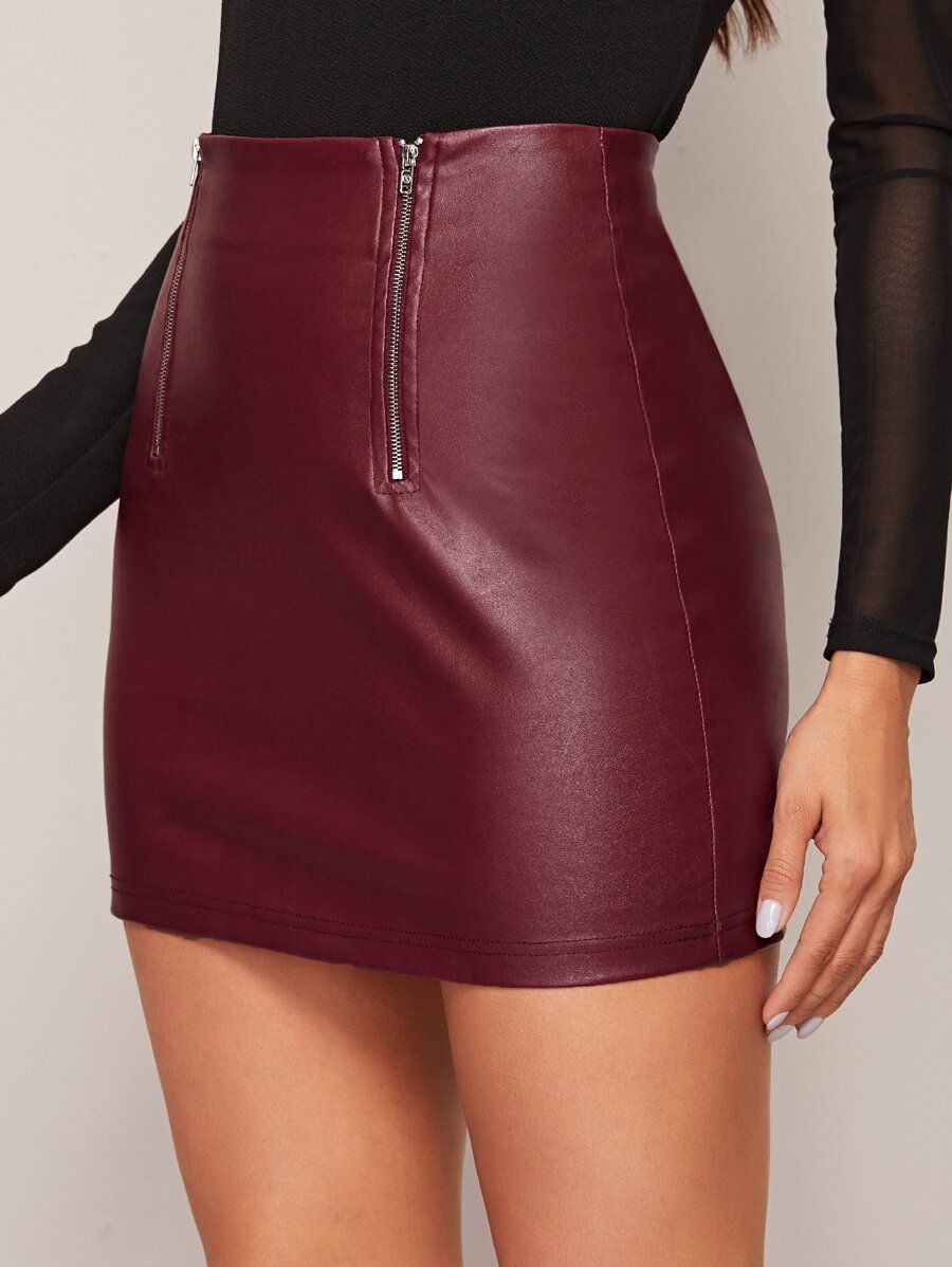 SHEIN Double Zip PU Leather Mini Bodycon Skirt | SHEIN
