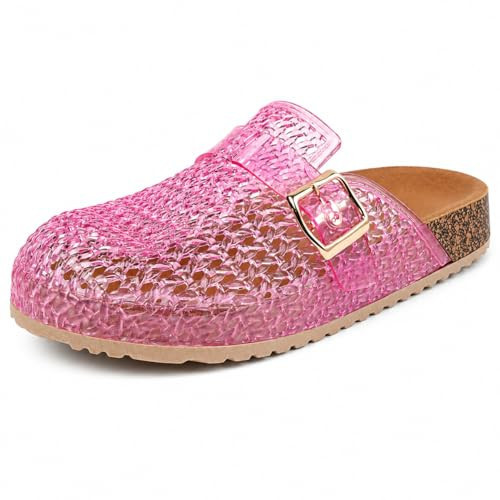 V OPXIN Clear Jelly Mules Clogs for Women Slip On Closed Round Toe Mesh Hollow Flat Jelly Shoes Sandals with Adjustable Buckle Non-Slip Beach Jellies Slides Flats Shoes | Amazon (US)