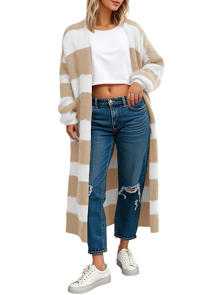 Saodimallsu Womens Striped Long Cardigan Sweaters Open Front Oversized Chunky Fuzzy Knit Fall Dus... | Amazon (US)
