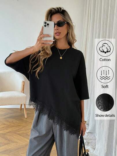 SHEIN LUNE Women's Casual Solid Color Asymmetrical Hem Lace Patchwork T-Shirt, Basic Everyday Wea... | SHEIN