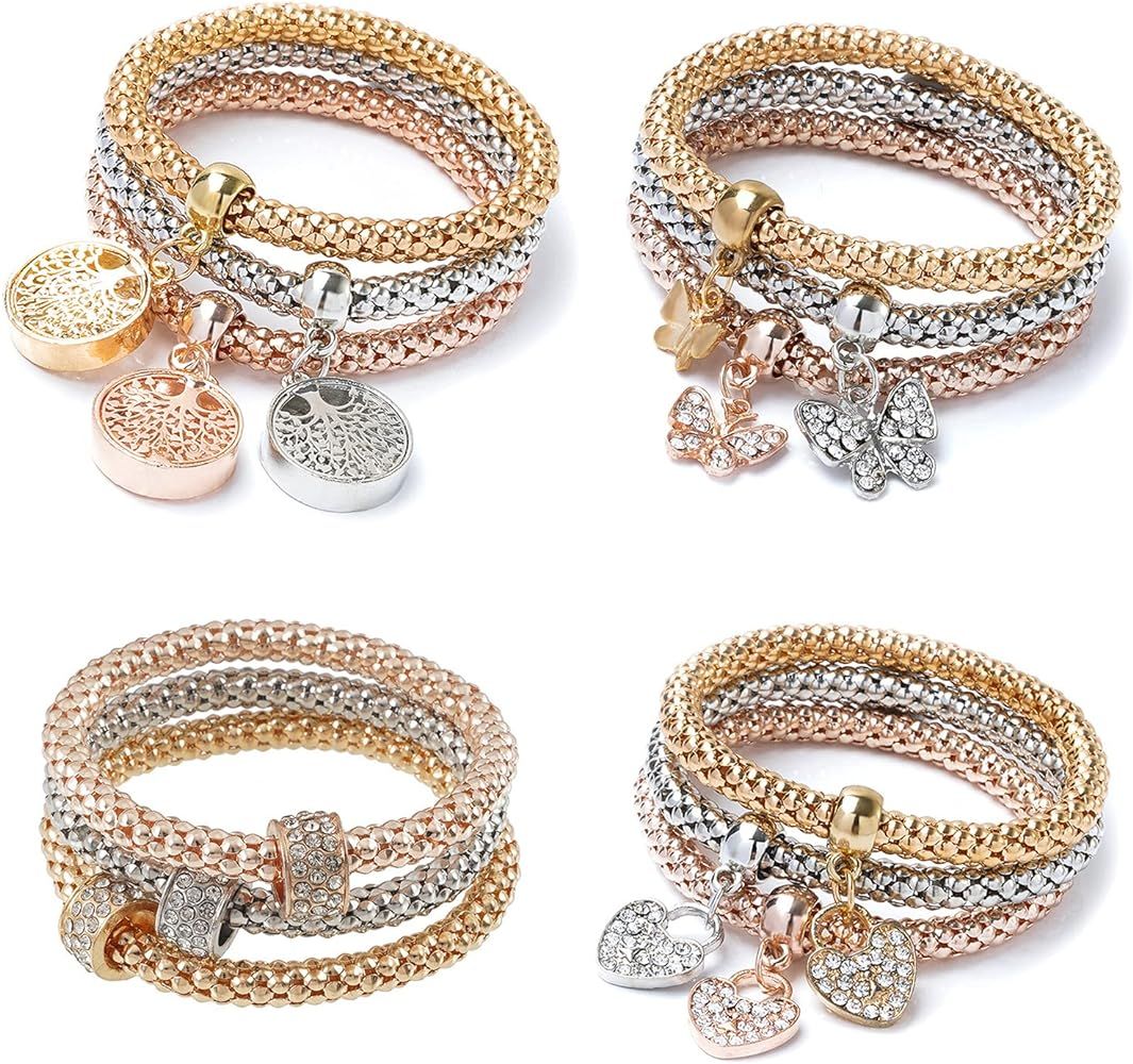 12PCS Gold/Silver/Rose Gold Corn Chain Bracelet Crystal Multilayer Butterfly Heart circle Life tr... | Amazon (US)