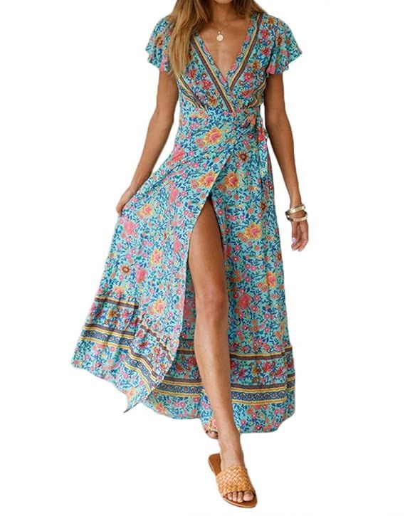 Byinns Floral Maxi Dress for Women Midi Faux Wrap Dress Bohe Ruffle Summer Casual Dresses for Be... | Amazon (US)