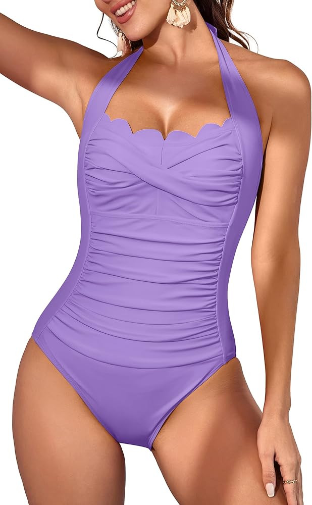 Eomenie Women One Piece Tummy Control Swimsuit Halter Scallop Trim Bathing Suits 1 Piece Vintage ... | Amazon (US)