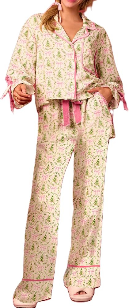 NUFIWI Christmas Bow Tie Front Pajamas for Women Cute Print Long Sleeve Shirts Pants 2 Pieces Xma... | Amazon (US)