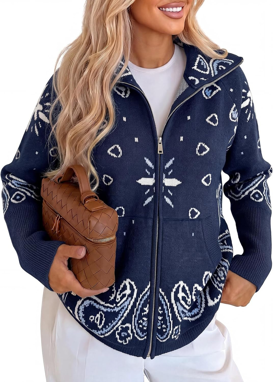 Cicy Bell Women Zip Up Cardigan Sweater Stand Collar Knit Printed Sweater | Amazon (US)
