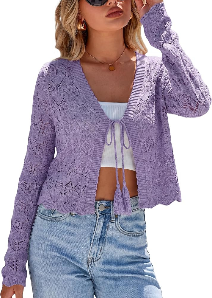 Arach&Cloz Women's Linen Tie Front Crochet Spring Shrug Beach Vacation Cropped Cardigan | Amazon (US)