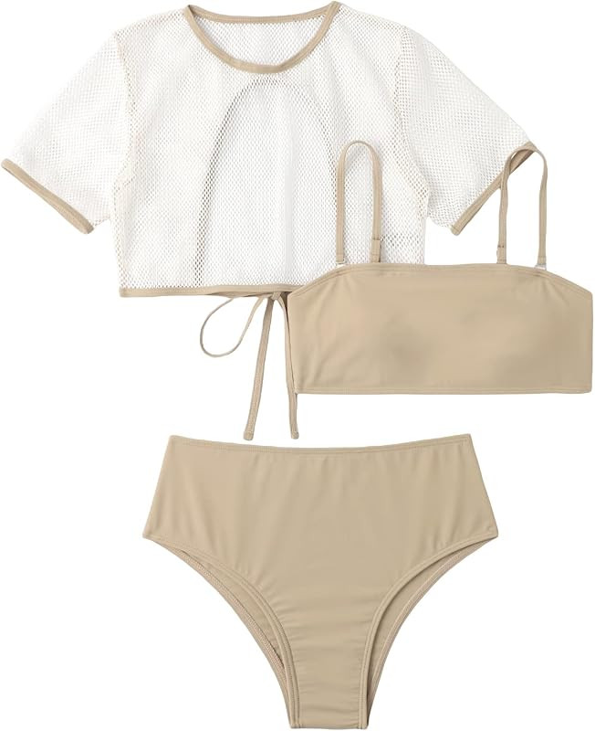 Cozyease Women's 3 Piece Sets High Waist Bikini Swimsuits and Sheer Cover Up Tops Sets | Amazon (US)