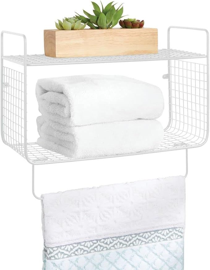 mDesign Steel Wall Mount Towel Rack Storage Organizer Shelf Holder with Towel Bar - for Bathroom,... | Amazon (US)