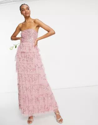 Maya bandeau all over embellished tiered maxi dress in rose pink | ASOS (Global)