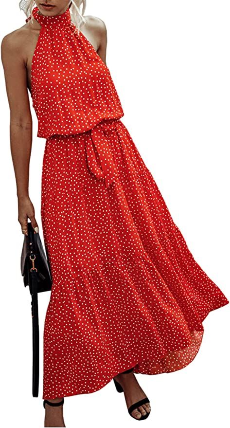 PRETTYGARDEN Women’s Casual Halter Neck Sleeveless Floral Long Maxi Dress Backless Loose Ruffle... | Amazon (US)