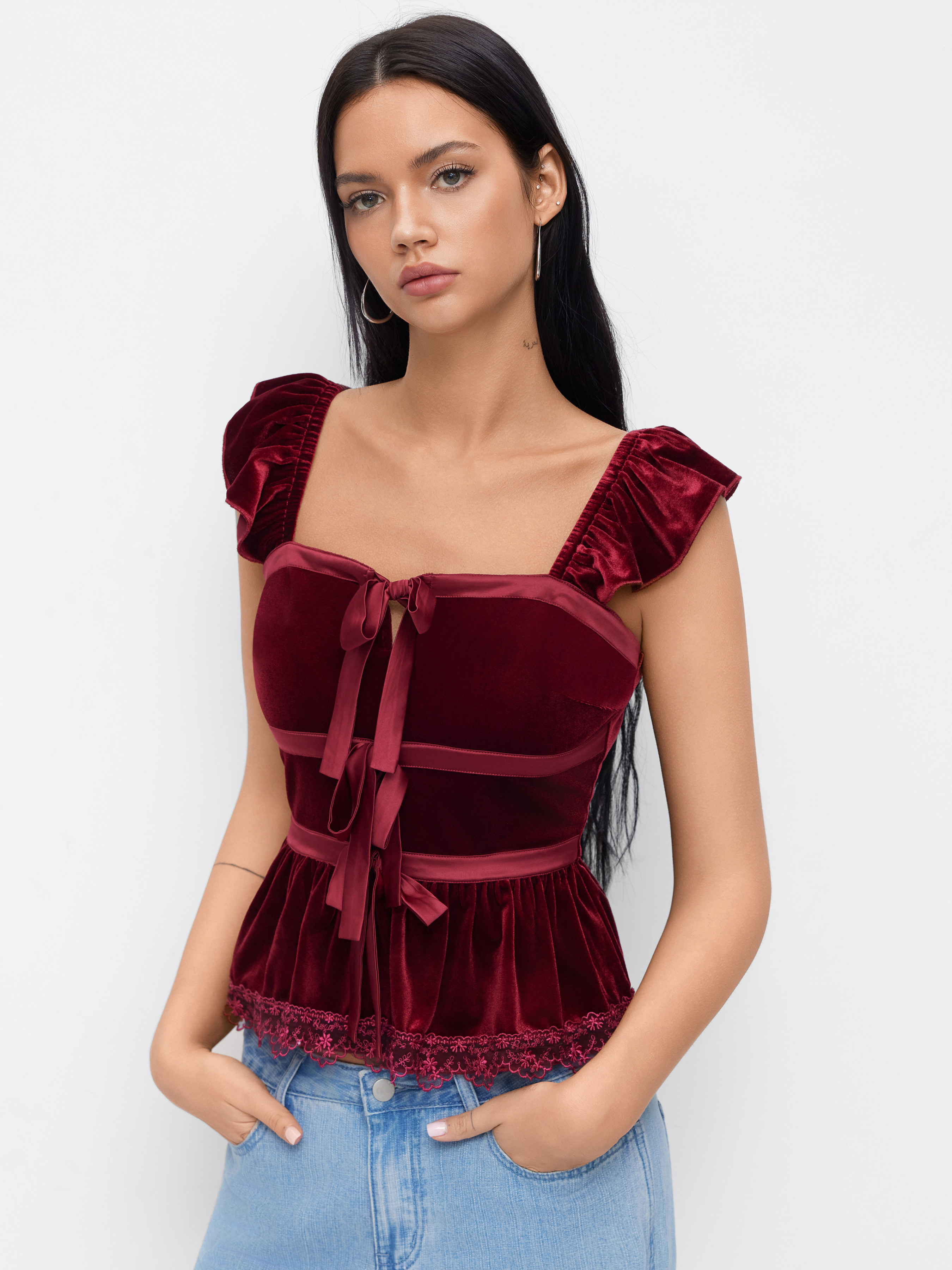 Velvet Velvet Square Neck Backless Lace Patched Peplum Tank Top For Daily Casual Date | Cider