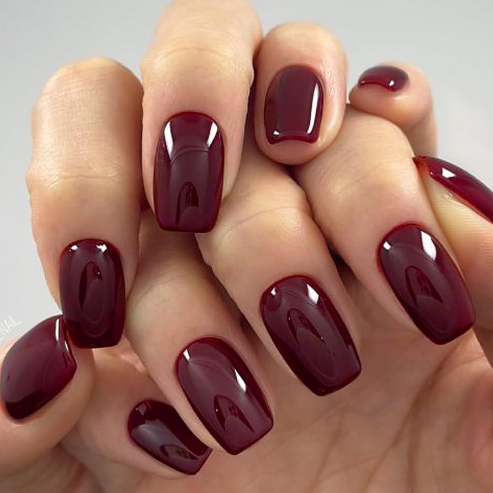 GLAMERMAID Dark Red Press on Nails Medium Square, Winter Burgundy False Nails with Glue, Pure 24 ... | Amazon (US)