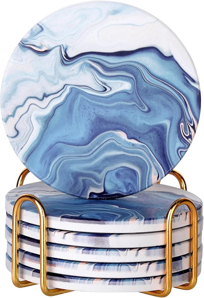 Warmroom Absorbent Drinks Coasters with Gold Holder and Cork Base Set of 6 Round Blue White Marbl... | Amazon (US)