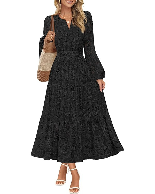 MEROKEETY Women's Fall Long Sleeve Floral Maxi Dress Lace Eyelet Hollow Out Tiered Boho Wedding G... | Amazon (US)