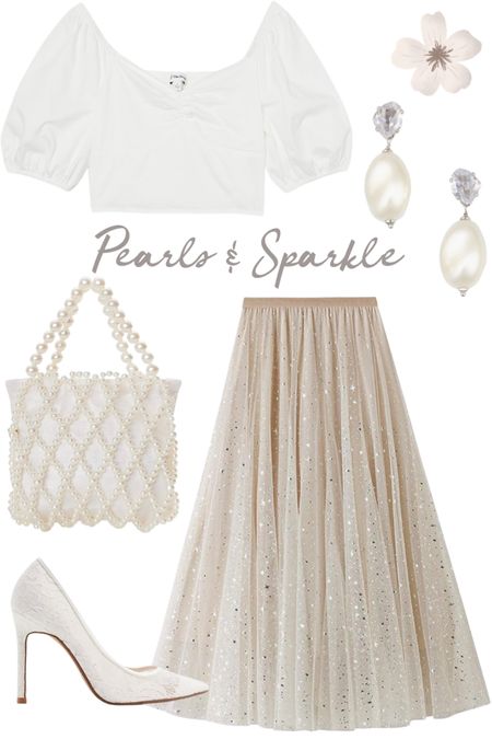 Outfit for a bridesmaids brunch or bridal shower afternoon tea. A versatile and comfortable look in neutral colors for a casual elegant dress code.

#summerwedding #summeroutfit #whitesmockedtop #bridalpumps #tulleskirt

#LTKwedding #LTKxNSale #LTKunder50