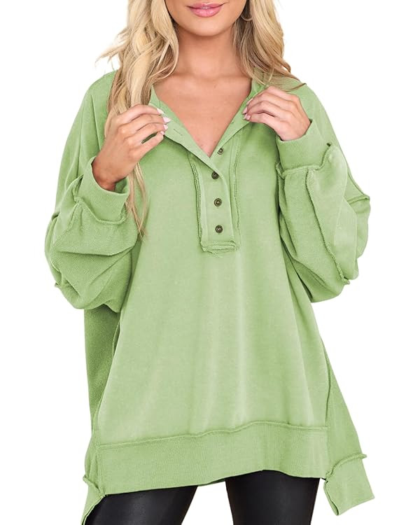 AlvaQ Women's Oversized Sweatshirt Casual Long Sleeve Button Henley Neck Pullover Tunic Tops Outf... | Amazon (US)