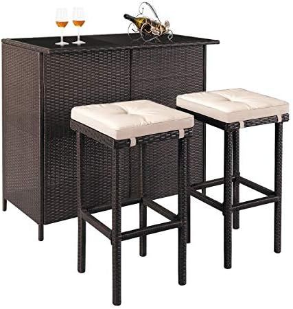 SOLAURA 3-Piece Patio Bar Set Black Brown Wicker Patio Furniture Set Outdoor Rattan Chairs with G... | Amazon (US)
