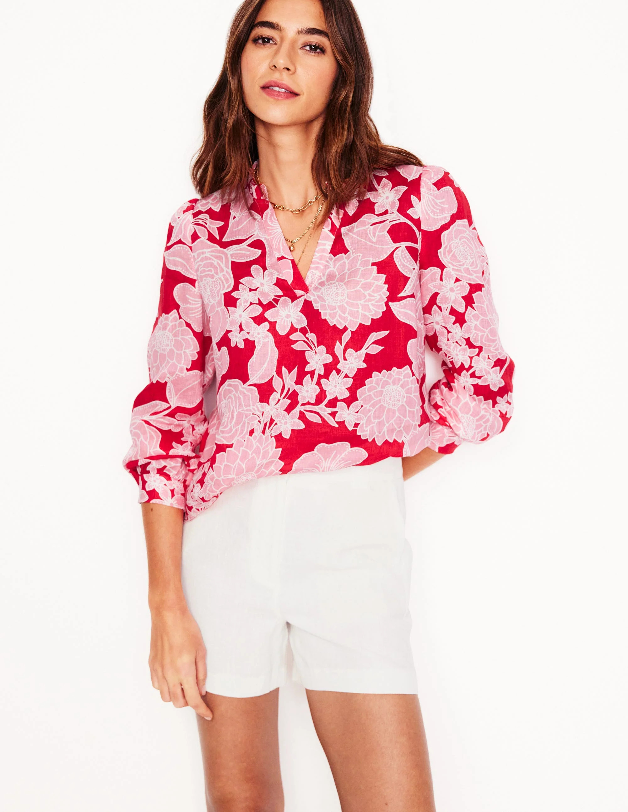 Grace Linen Top-Poppy Red, Blossom Cascade | Boden (US)