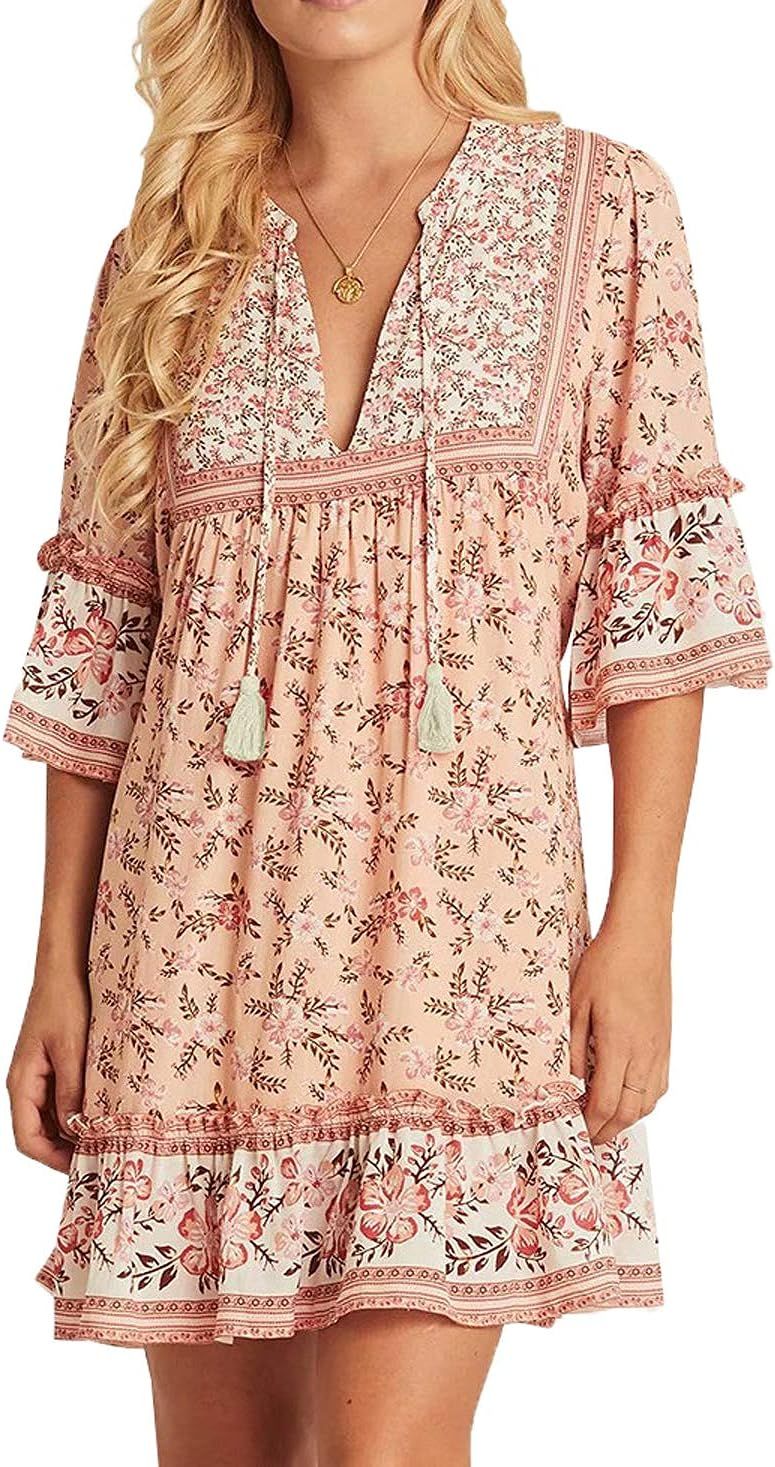 R.Vivimos Women's Summer Cotton Half Sleeve Ruffles V Neck Floral Print Tunic Dress | Amazon (US)