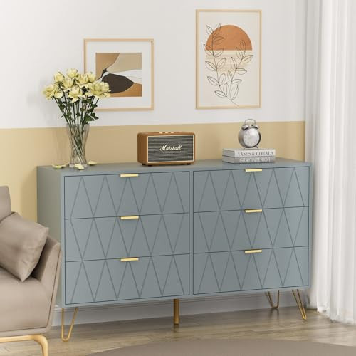 UEV Large Blue 6 Drawer Dresser,Modern Dresser Chest with Wide Drawers and Metal Handles,Wood Storage Chest of Drawers for Hallway, Bedroom,Entryway (Blue, Large 6 Drawer) | Amazon (US)