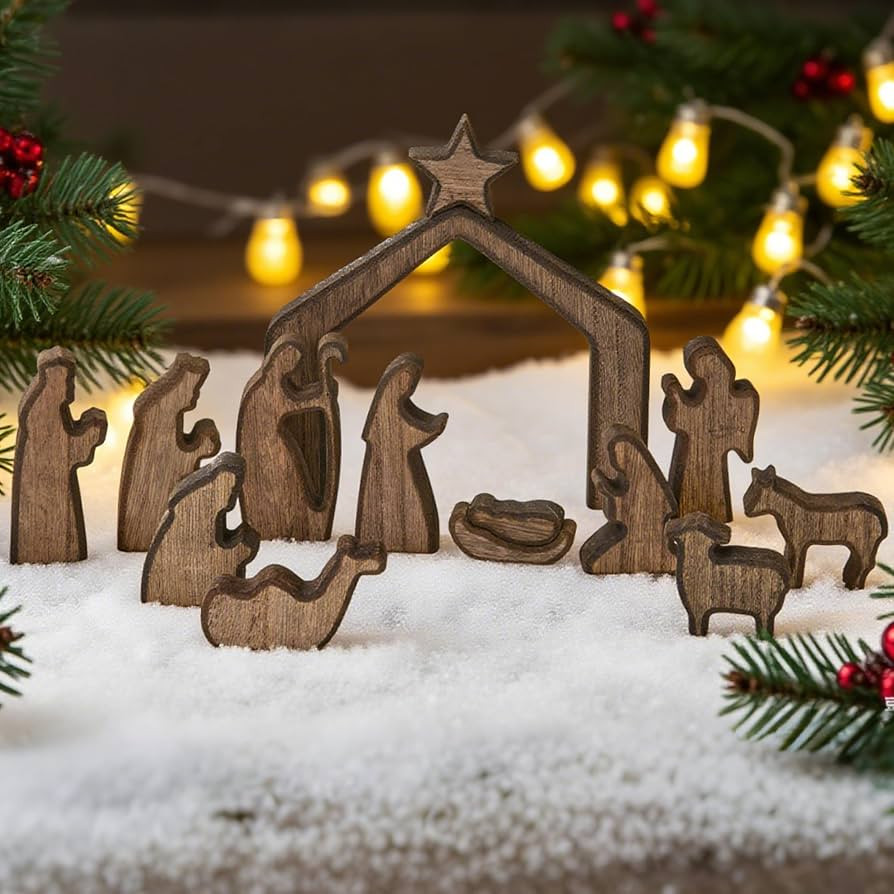 Wooden Nativity Scene Set, 13Pcs Christmas Nativity Scene with Manger Miniature Holy Family Figur... | Amazon (US)
