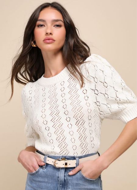 Eloise Ivory Pointelle Puff Sleeve Sweater Top