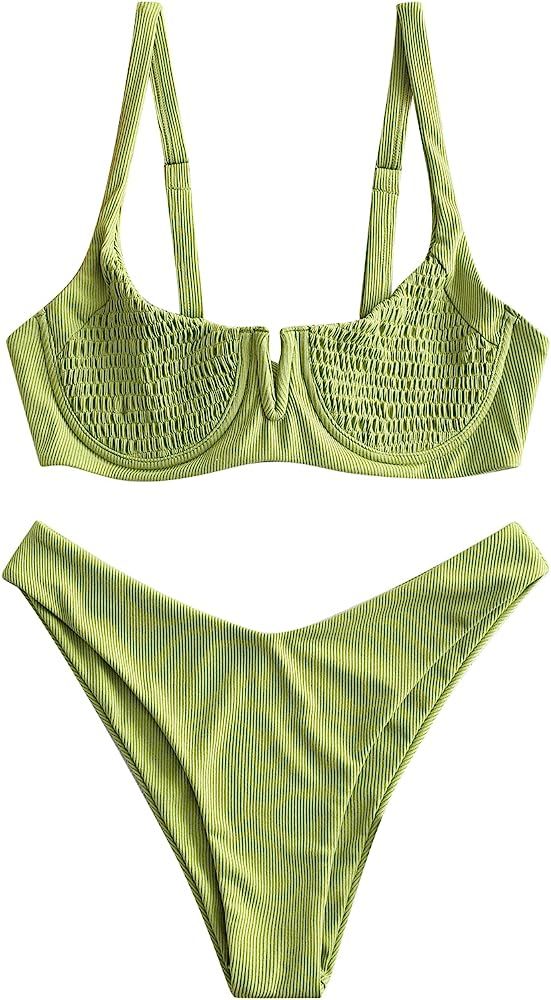 ZAFUL Women's Ribbed Underwire Bikini High Cut Bikini V Notch Smocked Swimwear Butterfly Print High  | Amazon (US)