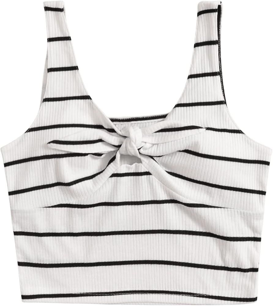 SweatyRocks Women's Striped V Neck Ribbed Fitted Crop Tank Top Tie Front Vest Tops | Amazon (US)