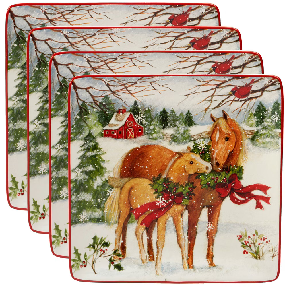 10.5"" 4pk Christmas On The Farm Square Ceramic Dinner Plates - Certified International, White | Target