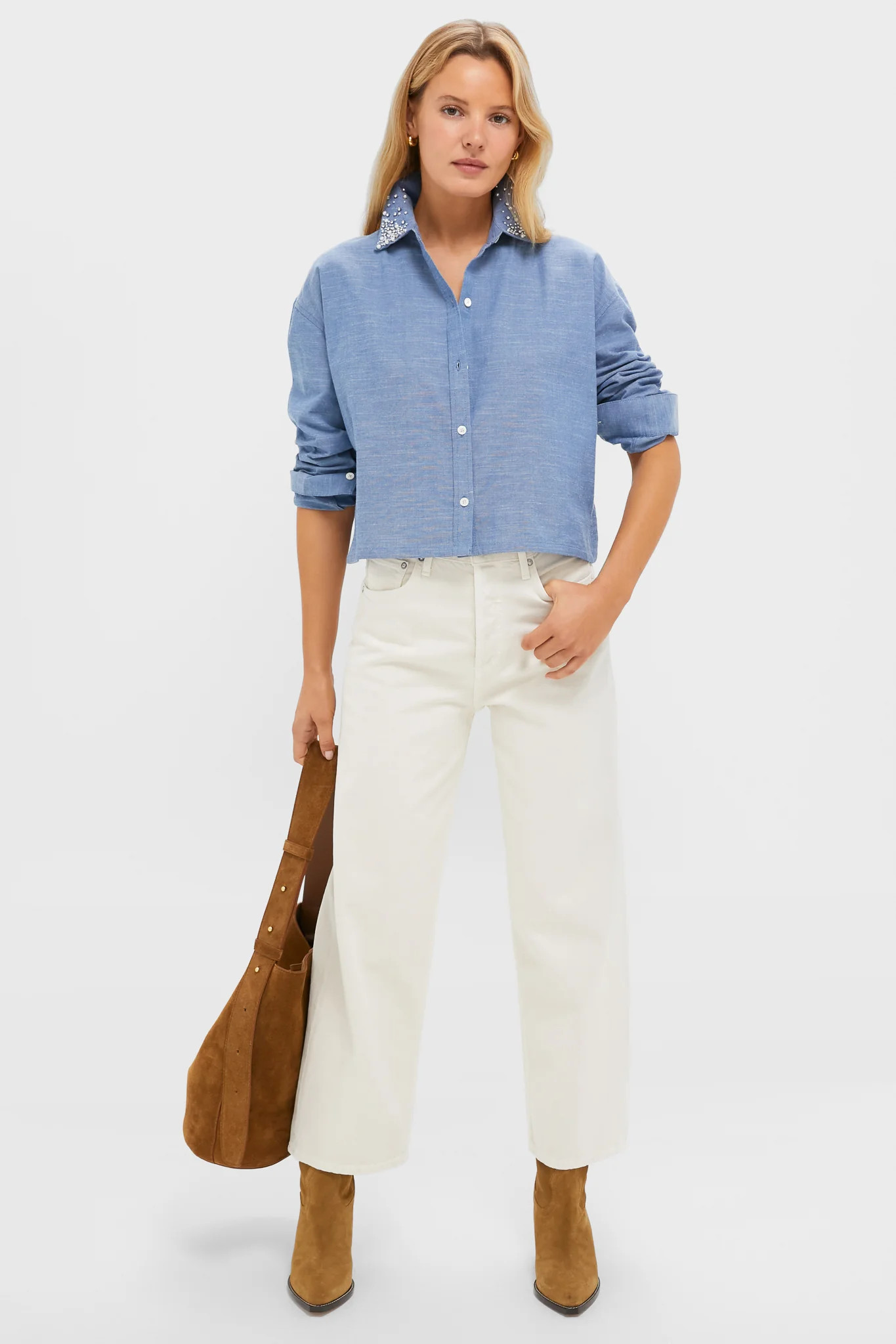 Chambray Denim Embellished Cropped Jasper Button Down | Tuckernuck (US)