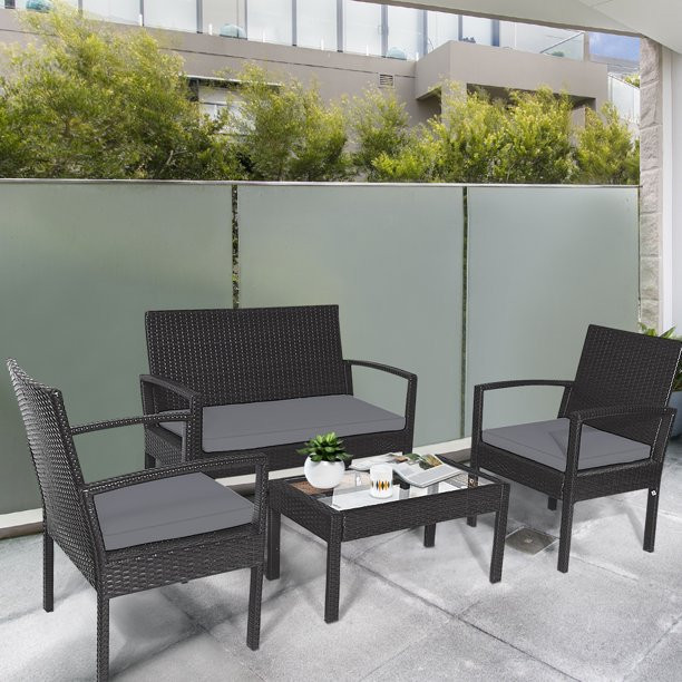 Gymax 4PCS Rattan Conversation Set Patio Furniture Set w/ Grey Cushion | Walmart (US)