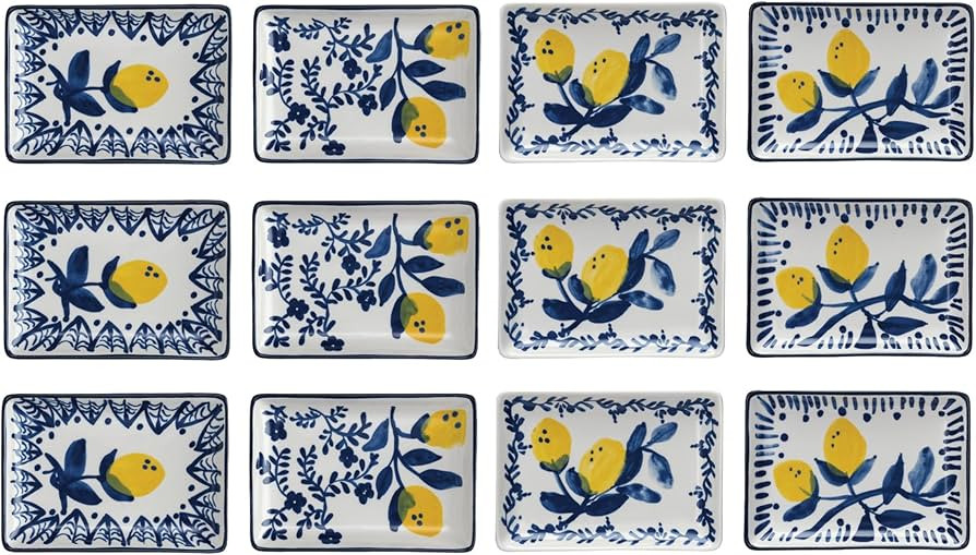 Creative Co-Op Stoneware Plate with 4 Lemon Design Styles, Blue and Yellow, Set of 12 | Amazon (US)