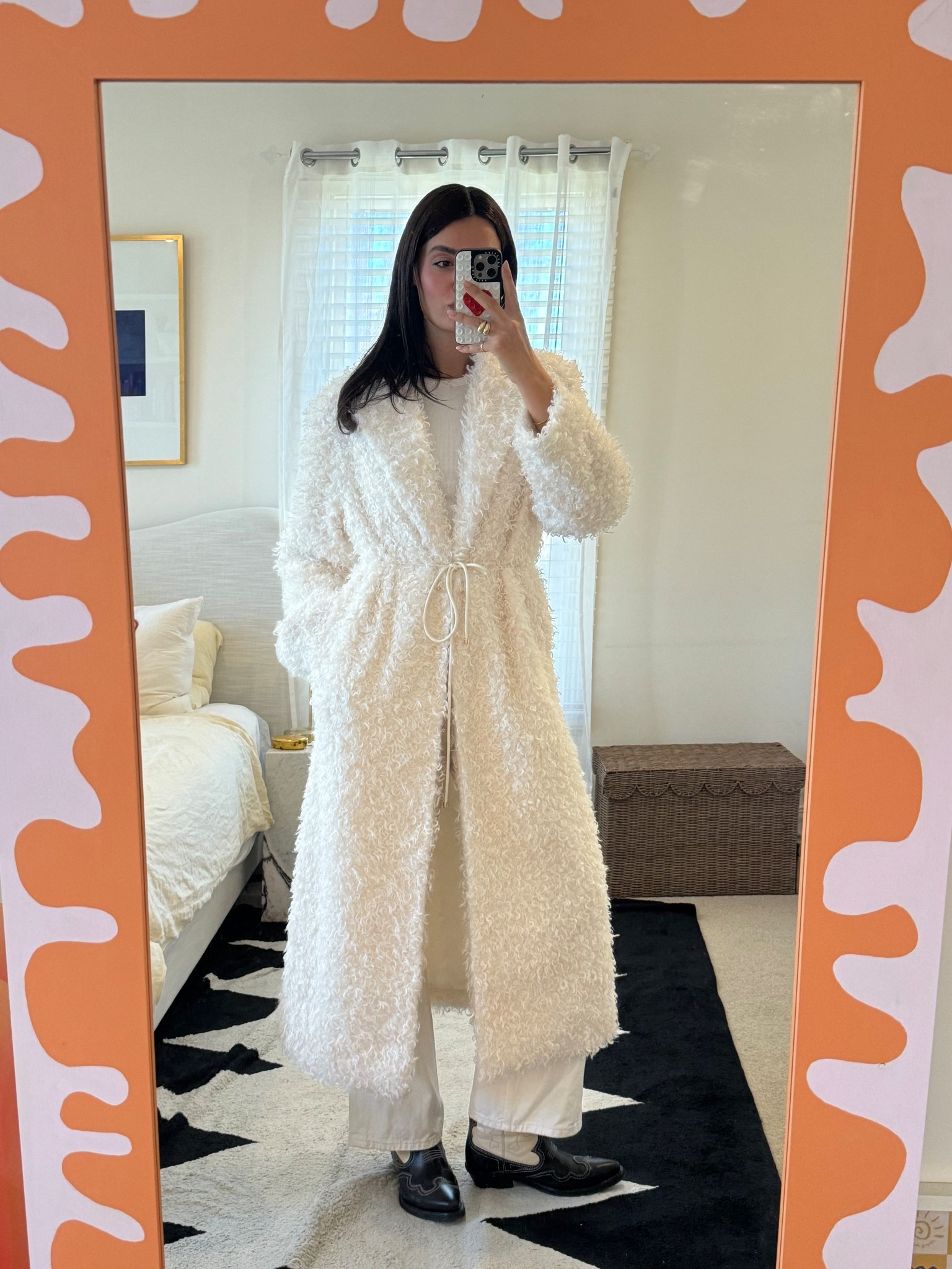 This white sheering coat is the coat of the season. It is from Aje Studios and I am wearing a size 8. You can get 15% off with YIANNA15 #winteroutfitinspo #coat #whitecoat 