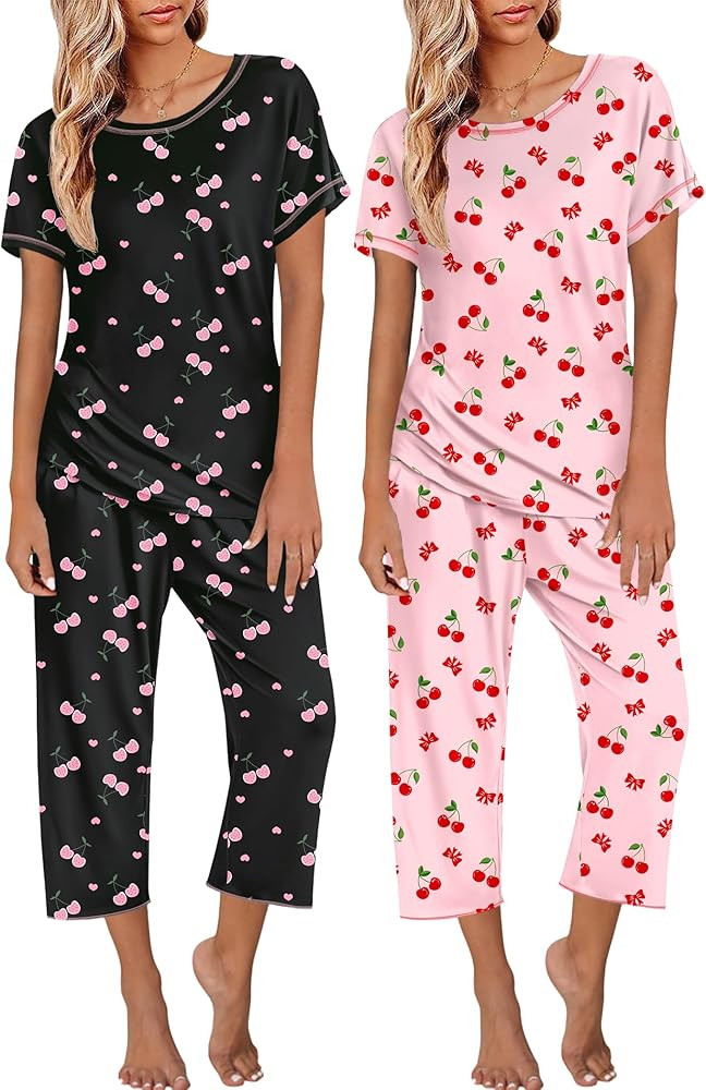 Ekouaer 2 Pack Womens Pajamas Sets Short Sleeve Tops and Capri Pants Pjs Colorful Printed Sleepwe... | Amazon (US)