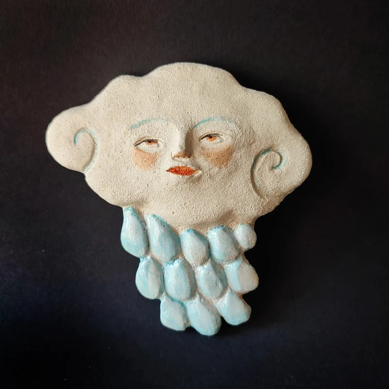 Ceramic Cloud With a Cute Face and Raindrops, Handmade Wall Hanging, Home Decor, Gift for a Frien... | Etsy (US)
