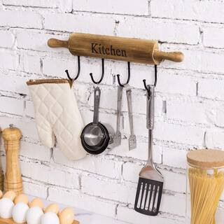 Rustic Rolling Pin Kitchen Wall Decor with 4 Hooks Burnt Brown Finish Mug Hook for Hanging Cooking Utensils, Hand Towels | The Home Depot