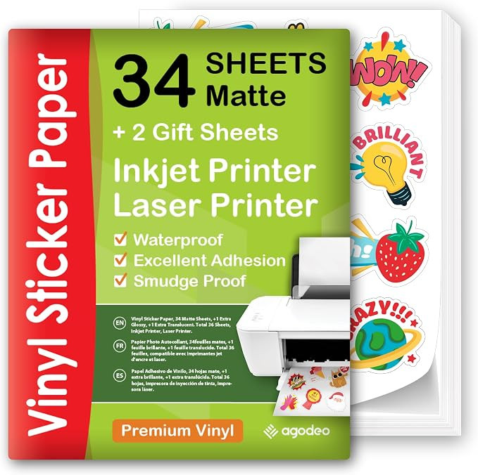 Premium Printable Vinyl Sticker Paper, Waterproof, 34 Matte Printing Sheets | Amazon (US)