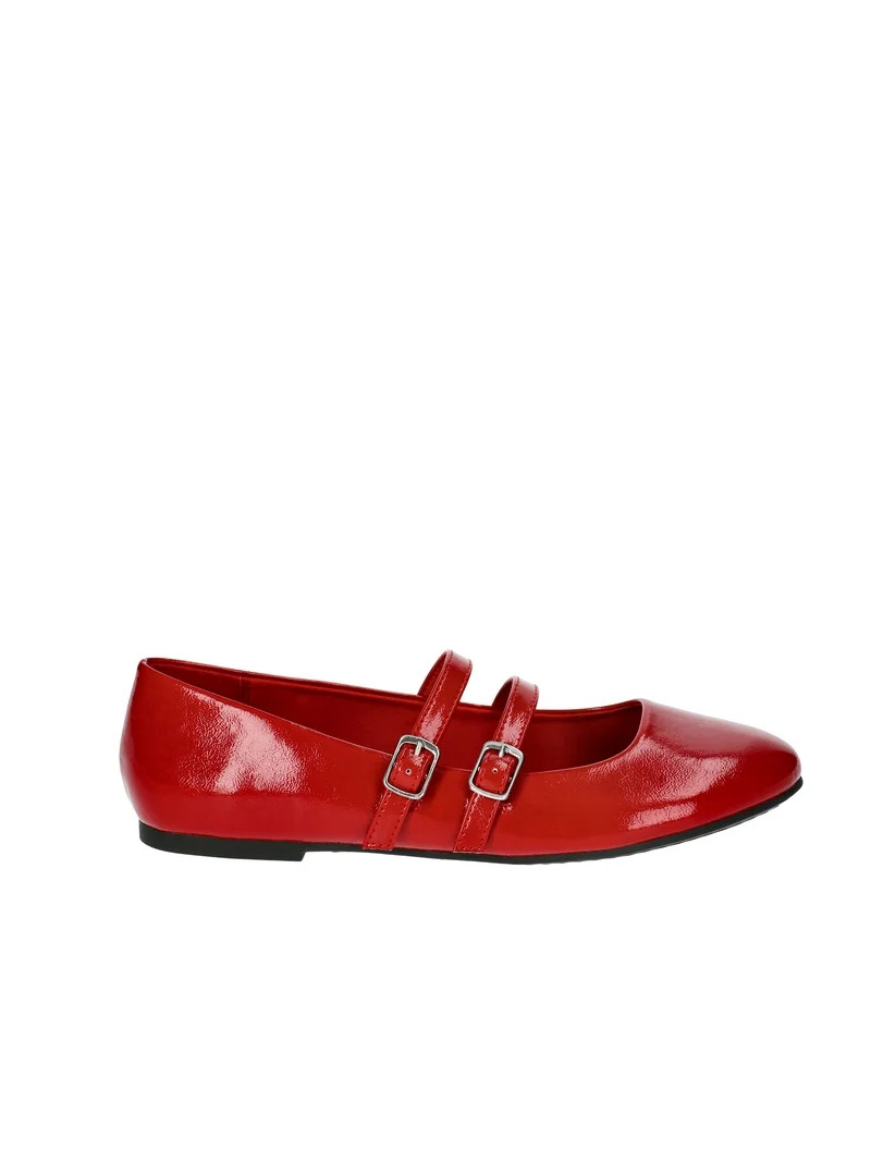 No Boundaries Faux Leather Mary Jane Flats with Double Straps, Women's | Walmart (US)