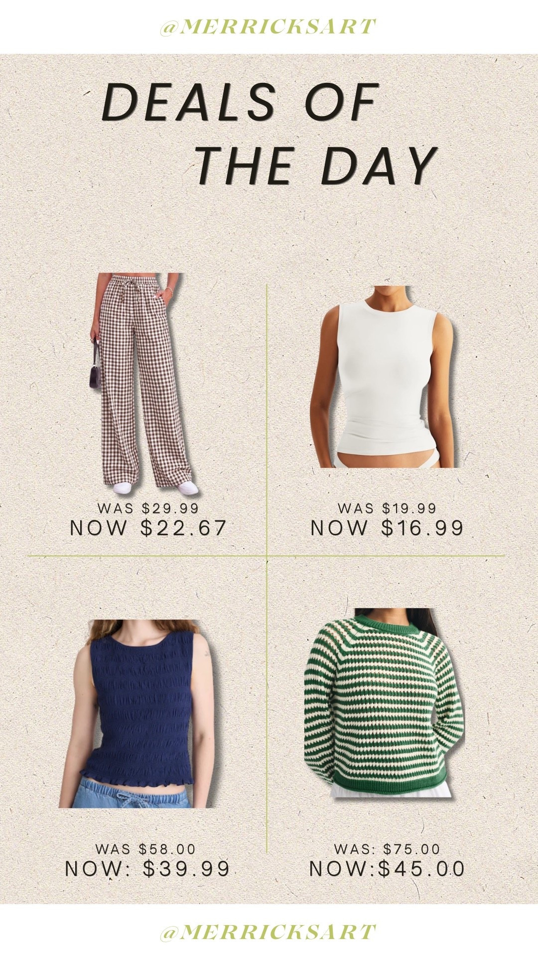 Deals of the day! So good!! Love these gingham pants, perfect wide strap tanks for summer, and this lightweight all cotton stripe sweater! 🫶😍

#LTKSeasonal #LTKSaleAlert